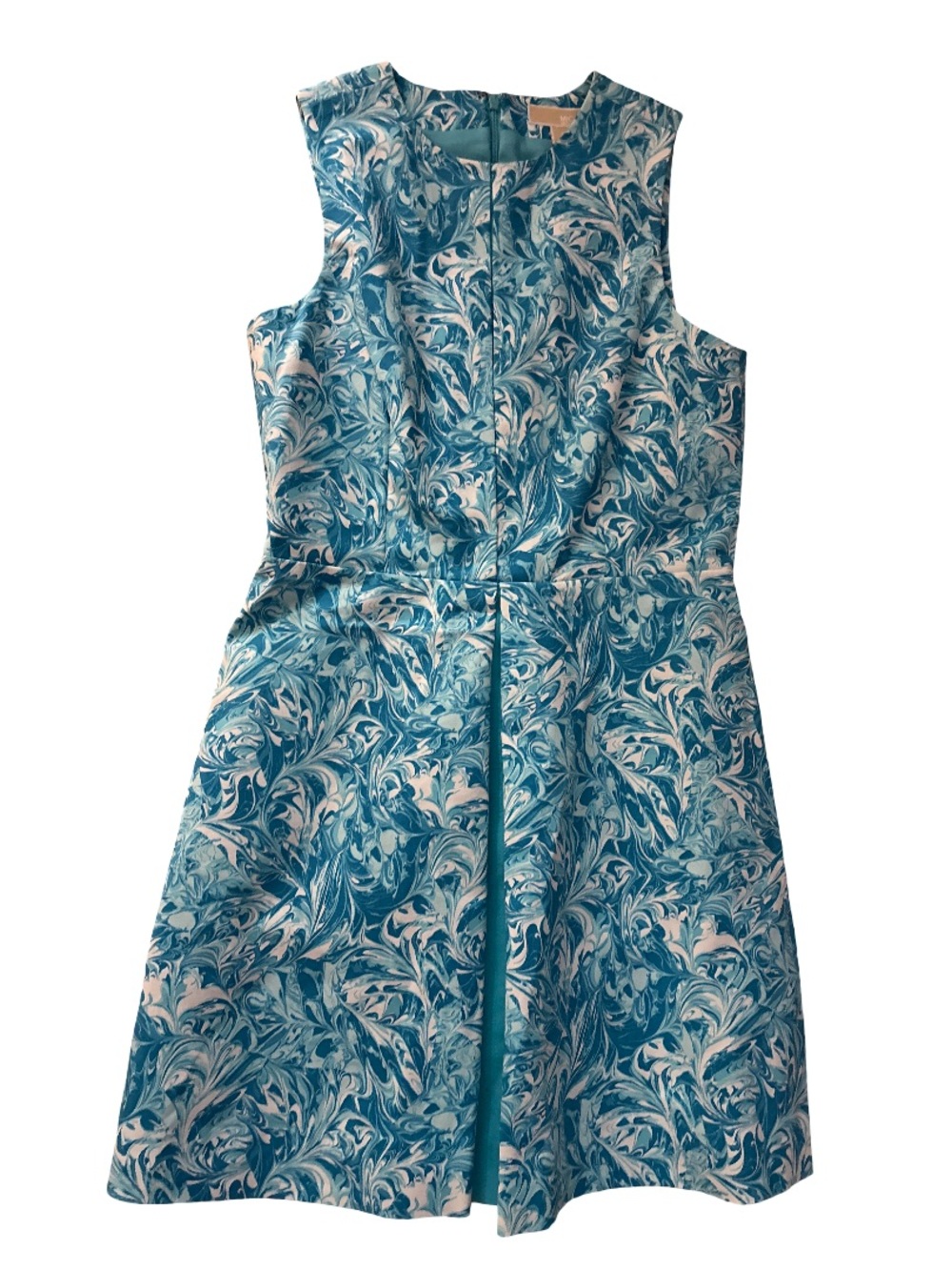 Michael Kors Teal and White Marble-Print Sleeveless Fit & Flare Dress